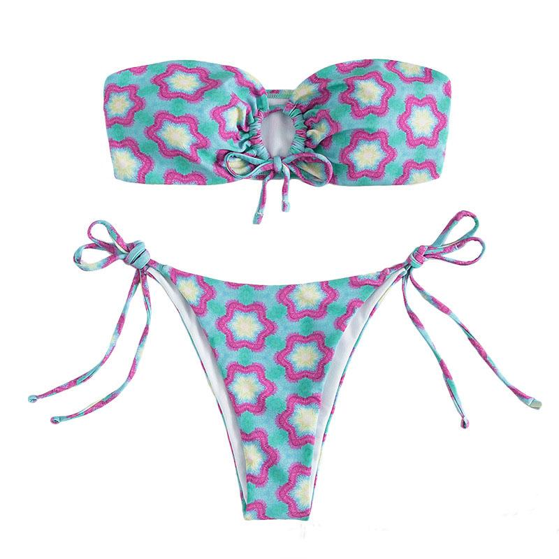 Maillot de bain bikini tube rembourré à nouer et motif floral contrasté 