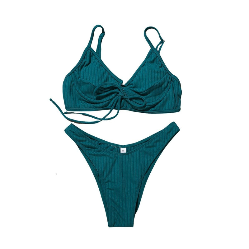 Maillot de bain bikini dos nu uni rembourré avec boucle à nouer dans le col en V 