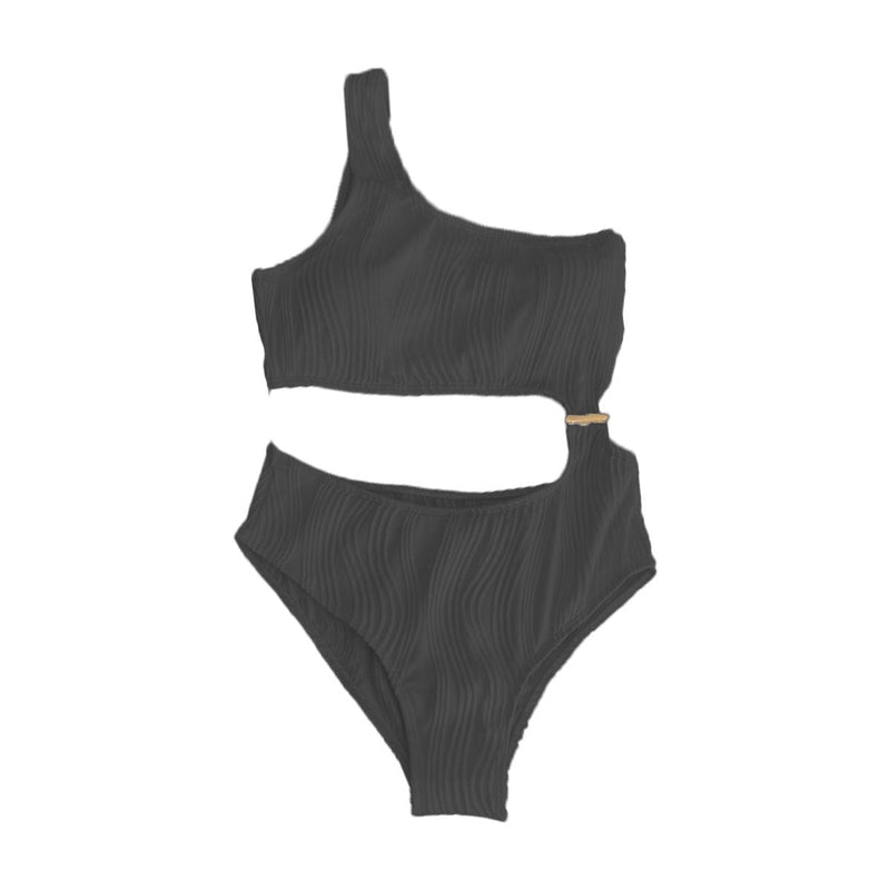 Maillot de bain une pièce texturé uni à une épaule et bouton ajouré 