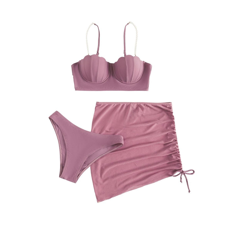 Traje de baño de 3 piezas con espalda descubierta, acolchado y cordón de malla con perlas 