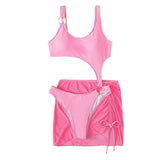 Traje de baño de 3 piezas con cordón ajustable, malla sólida, cuello en U y anillo en O 