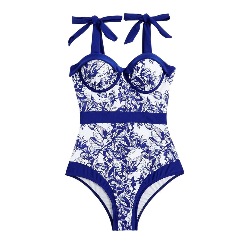 Maillot de bain une pièce à imprimé contrasté, col en cœur, à nouer soi-même, avec jupe de plage 
