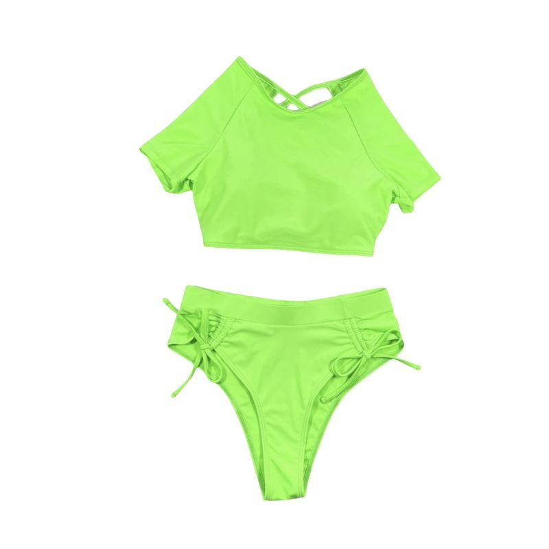 Maillot de bain bikini à manches courtes et cordon de serrage uni 