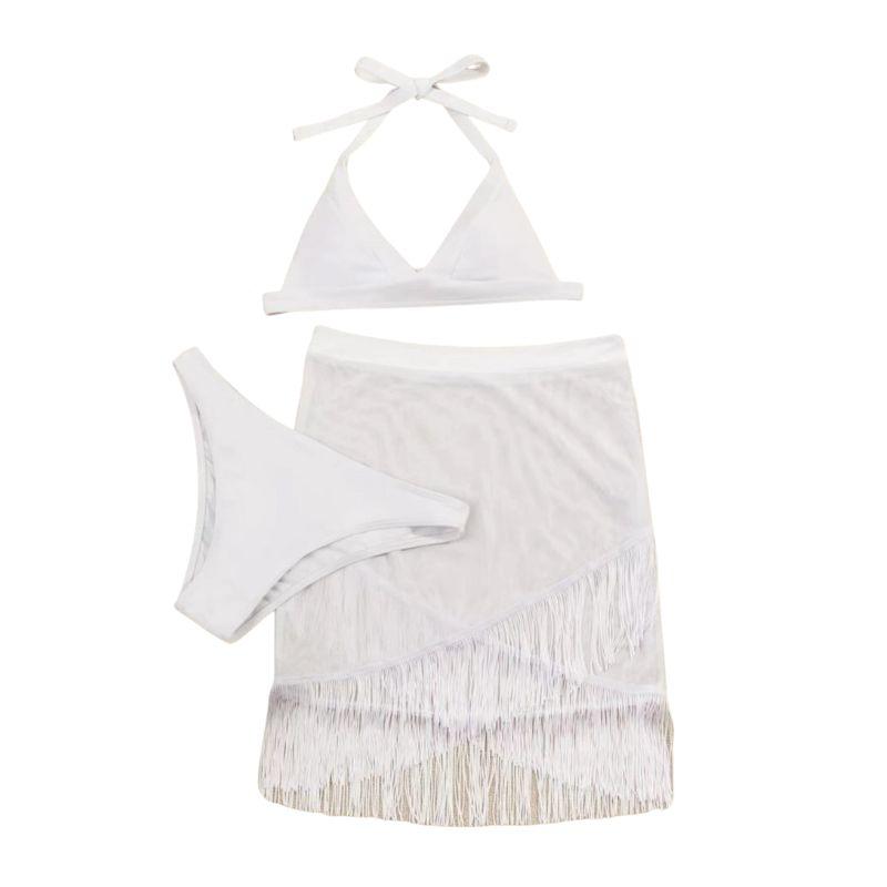 Maillot de bain 3 pièces dos nu à nouer et à pompons 