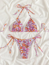 Maillot de bain bikini à nouer et à motif floral contrasté et licou froncé 