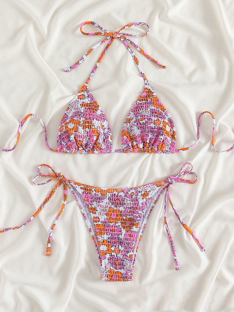 Maillot de bain bikini à nouer et à motif floral contrasté et licou froncé 