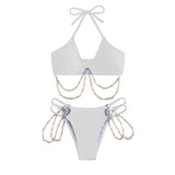 Metal chain solid padded hollow out halter self tie bikini swimwear