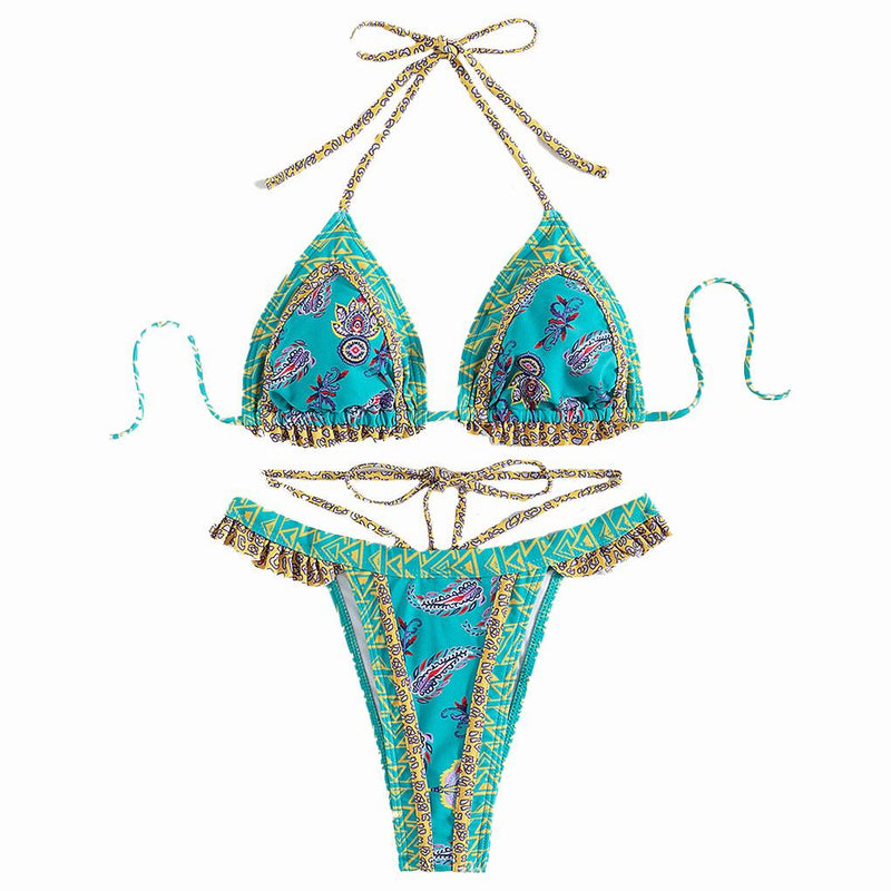Traje de baño bikini con espalda descubierta, fruncido y lazo en contraste 