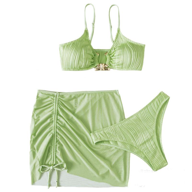 Maillot de bain 3 pièces froncé en maille texturée unie 