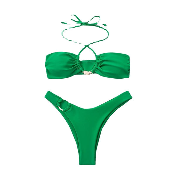 Maillot de bain bikini à licou solide avec anneau en O et attache en métal 