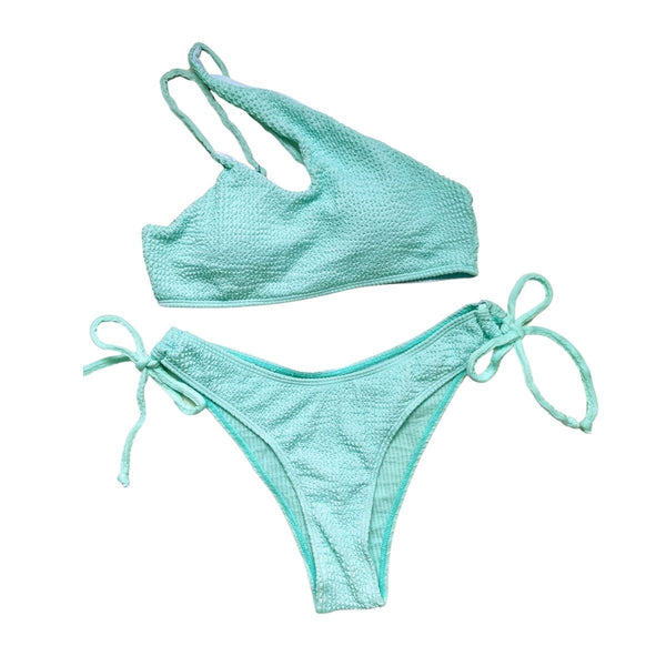 Maillot de bain bikini texturé uni rembourré à une épaule 