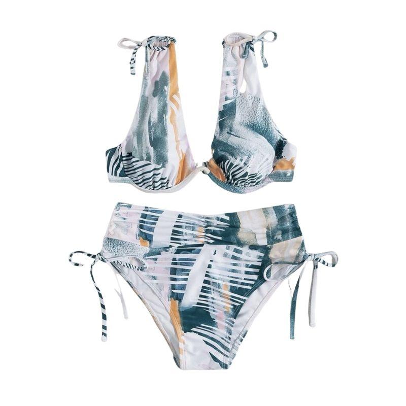 Maillot de bain bikini boutonné à col en V et à nouer contrasté 