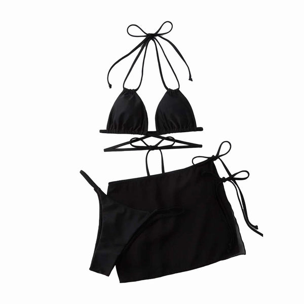 Maillot de bain 3 pièces uni à licou croisé sur le devant et à nouer soi-même 