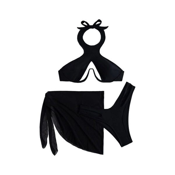 Maillot de bain 3 pièces uni à licou et à nouer soi-même 