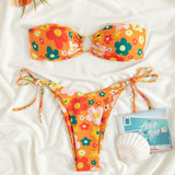 Maillot de bain bikini tube à nouer soi-même et motif floral 