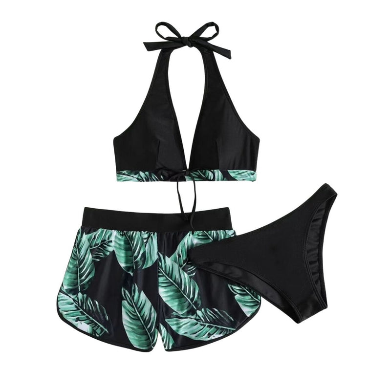Maillot de bain 3 pièces à col en V et boutons contrastés, dos nu 