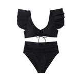 Traje de baño bikini fruncido liso con cordón ajustable y mangas cortas con volantes acolchados 