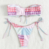 Traje de baño bikini de tubo con aro en forma de O y estampado de cuadros en contraste 