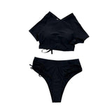 Maillot de bain bikini à manches courtes et cordon de serrage uni 