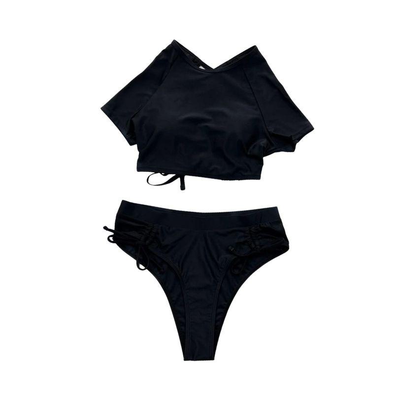 Maillot de bain bikini à manches courtes et cordon de serrage uni 