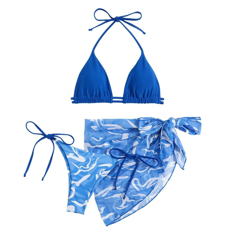 Traje de baño de 3 piezas de malla con espalda descubierta y estampado de contraste ondulado 