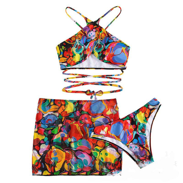 Maillot de bain 3 pièces mini-jupe abstraite à dos nu et à nouer dans le dos 