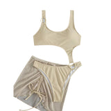 Traje de baño de 3 piezas con cordón ajustable, malla sólida, cuello en U y anillo en O 