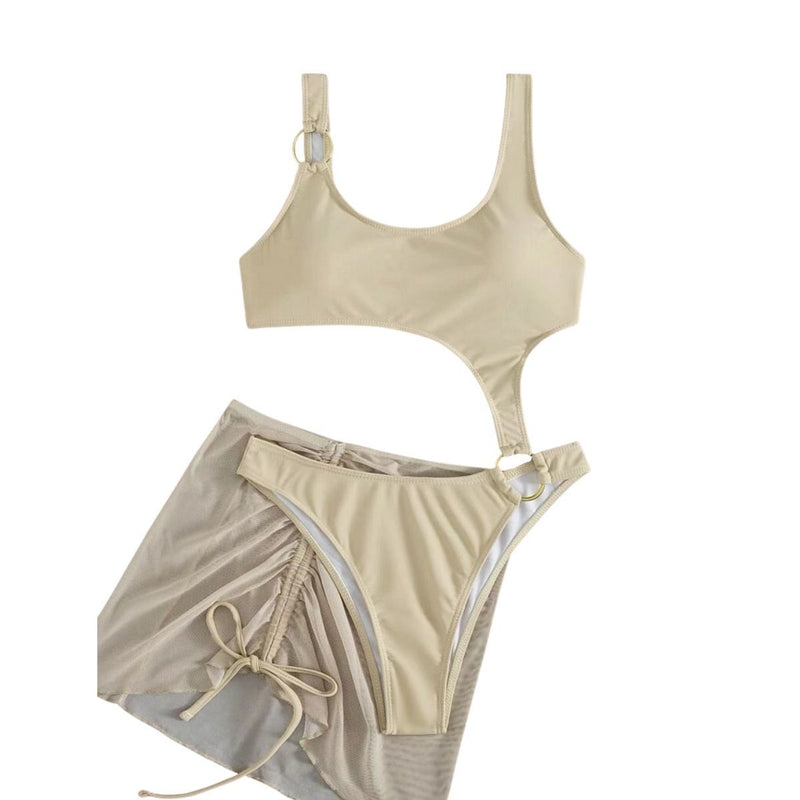 Traje de baño de 3 piezas con cordón ajustable, malla sólida, cuello en U y anillo en O 