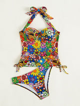 Traje de baño bikini con cuello halter, relleno y lazo anudado con estampado floral en contraste 