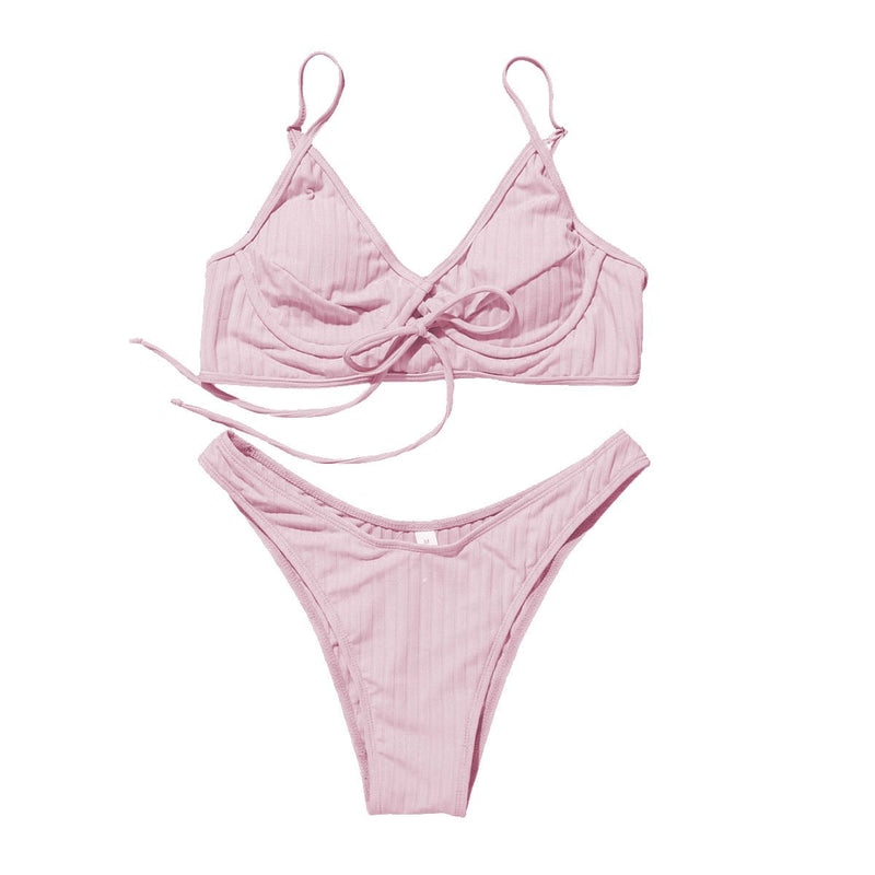 Maillot de bain bikini dos nu uni rembourré avec boucle à nouer dans le col en V 