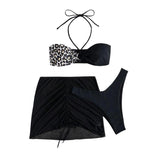 Maillot de bain 3 pièces dos nu en maille avec cordon de serrage léopard 
