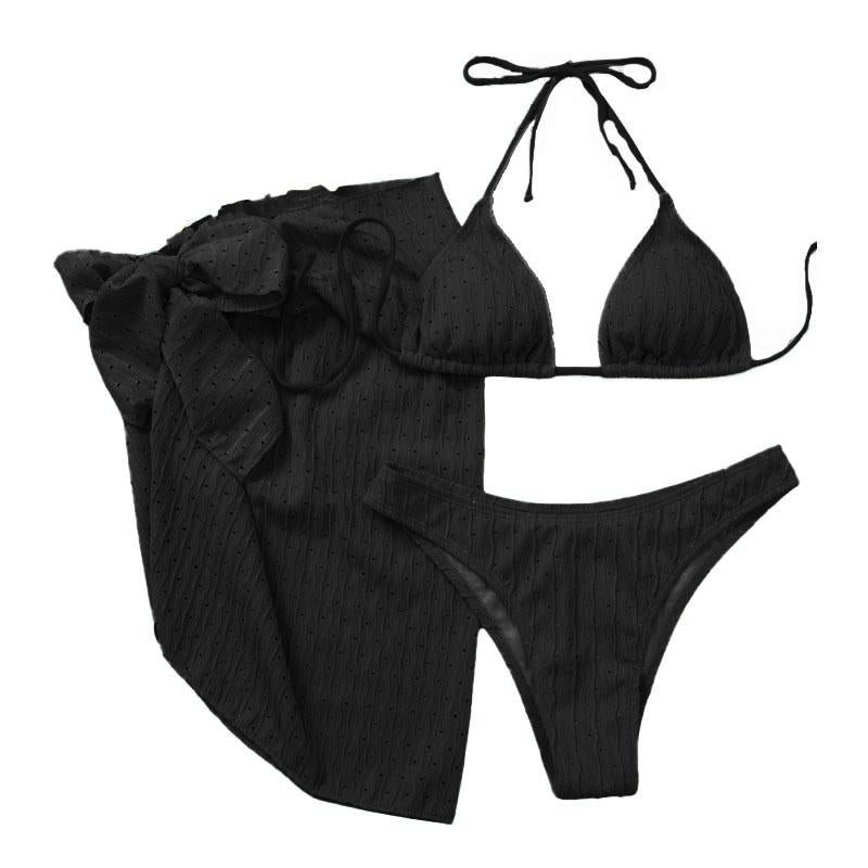 Maillot de bain 3 pièces rembourré texturé à nouer soi-même et à licou uni 