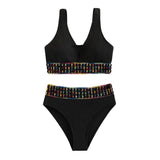 Maillot de bain bikini sans manches à col en V contrasté 