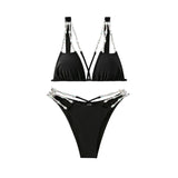 Traje de baño bikini con lazo en la espalda, sin espalda y con cadena de diamantes de imitación 
