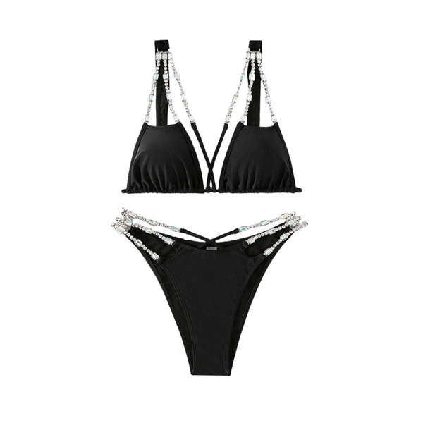 Maillot de bain bikini à nouer avec chaîne en strass et dos nu croisé 