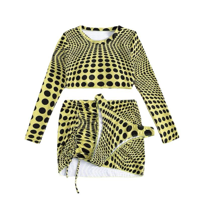 Maillot de bain 3 pièces à pois contrastés, manches longues et cordon de serrage 