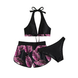 Maillot de bain 3 pièces à col en V et boutons contrastés, dos nu 