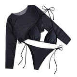 Traje de baño de 3 piezas de malla con cuello halter y mangas largas, liso 