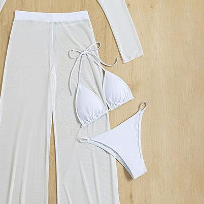 Maillot de bain 4 pièces à manches longues, col retourné, pantalon uni et dos nu 