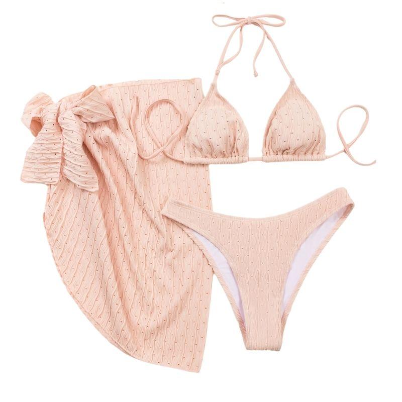 Maillot de bain 3 pièces rembourré texturé à nouer soi-même et à licou uni 