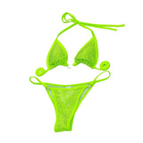 Traje de baño bikini sin espalda y cuello halter con aros y cuentas 