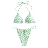 Traje de baño bikini con cuello halter y lazo a cuadros en contraste 