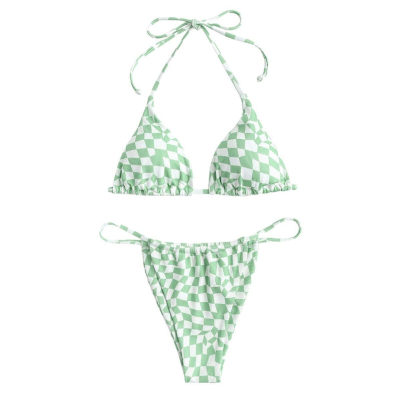 Traje de baño bikini con cuello halter y lazo a cuadros en contraste 