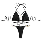 Maillot de bain bikini uni dos nu avec chaîne en métal perlé 