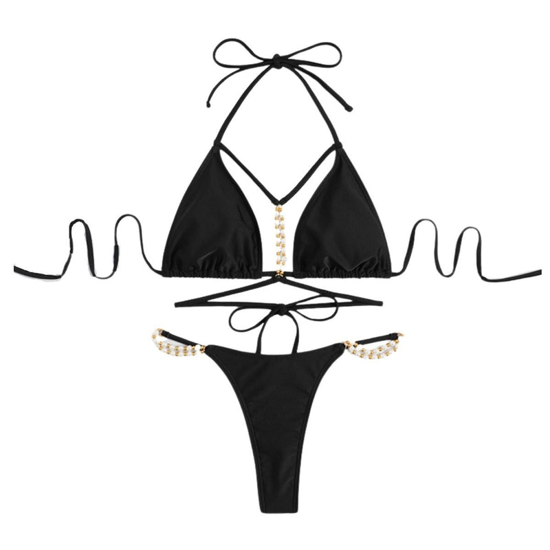 Maillot de bain bikini uni dos nu avec chaîne en métal perlé 