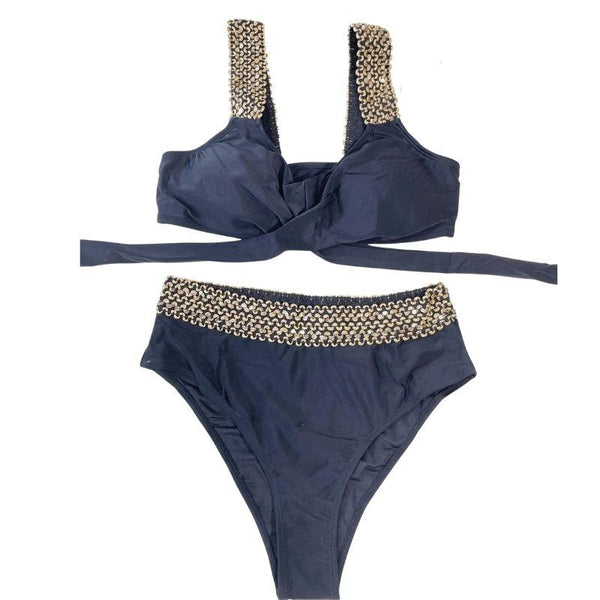 Traje de baño bikini con abertura y lazo cruzado en contraste en la parte delantera 