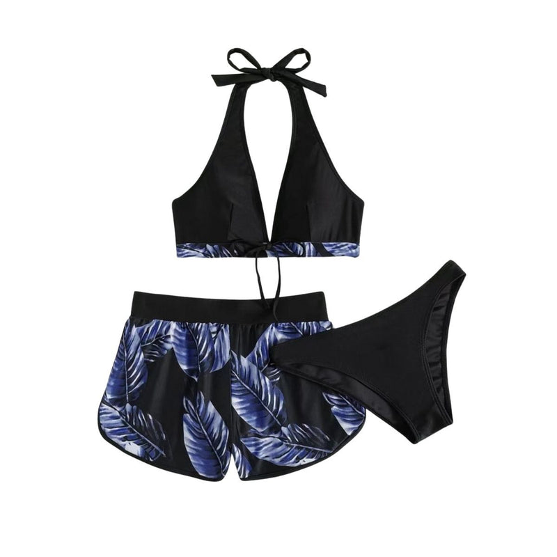 Maillot de bain 3 pièces à col en V et boutons contrastés, dos nu 