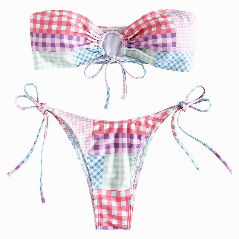 Traje de baño bikini de tubo con aro en forma de O y estampado de cuadros en contraste 