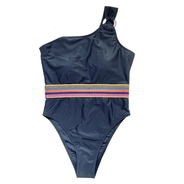 Maillot de bain une pièce patchwork à une épaule et anneau en O solide 