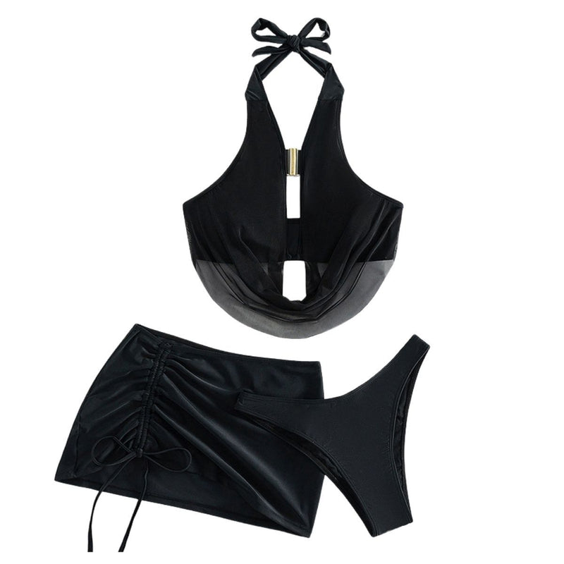 Maillot de bain 3 pièces en maille avec col bénitier et cordon de serrage 